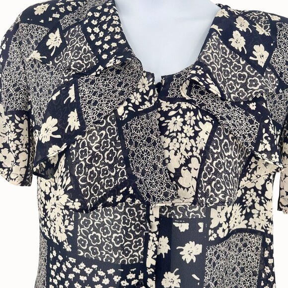 Vintage Fritz & Lloyd Floral Patchwork Blouse Navy Beige Short Slv Ruffle Front - Picture 2 of 5